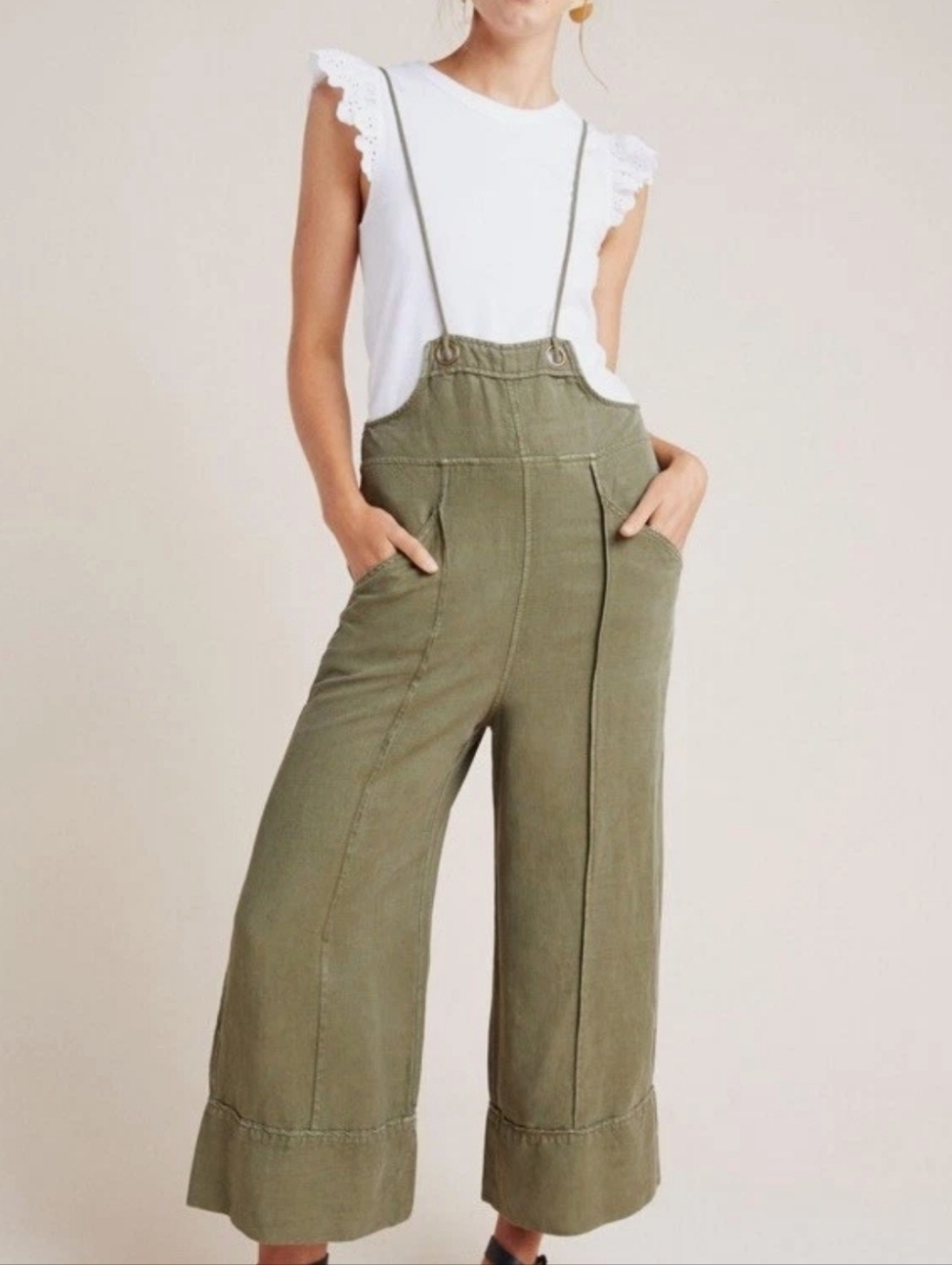 Anthropologie Olive Bib High-Waist Wide Leg Utility  Overalls
